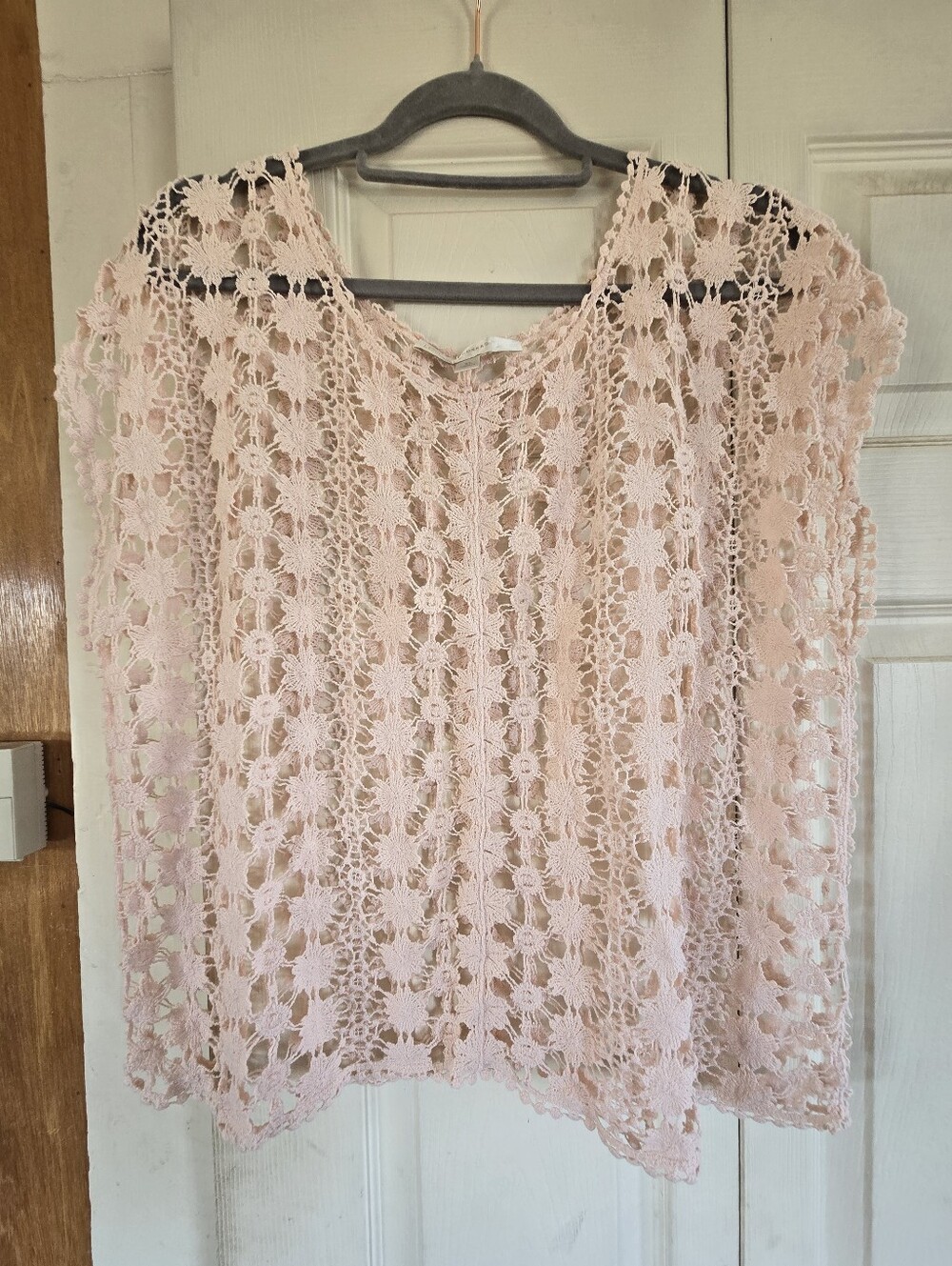 Crochet Lace Pullover Cotton Top - Pale Pink XL